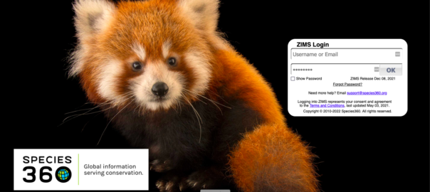 Screenshot of the log-in page for ZIMS featuring a very cute red panda